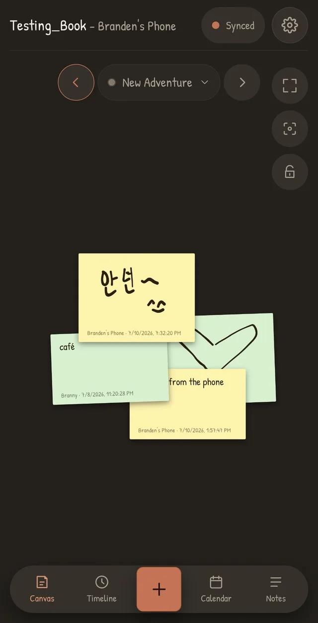 Phone screenshot of a canvas page: sticky notes with a hand-drawn Korean greeting, a doodled heart, and short notes the couple left each other
