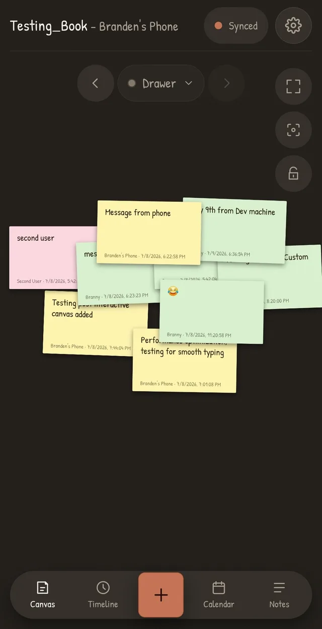 Phone screenshot of a canvas crowded with overlapping sticky notes from two people, each stamped with who left it and when